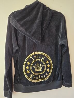 Juicy Couture Black Velour Zip-Up Hoodie Gold Crest Logo Size XL